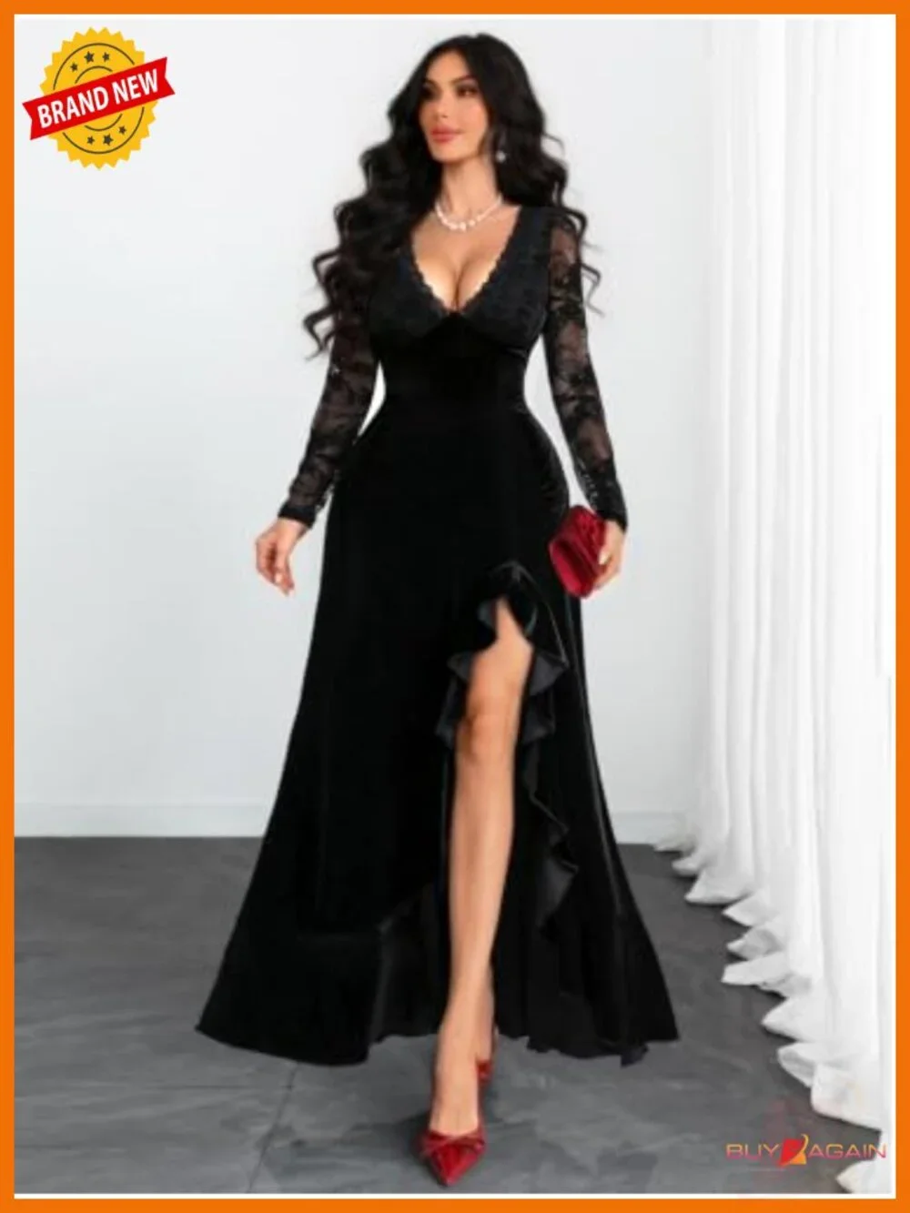 Velvet Lace Long Sleeve Maxi Dress Gothic Formal Gown